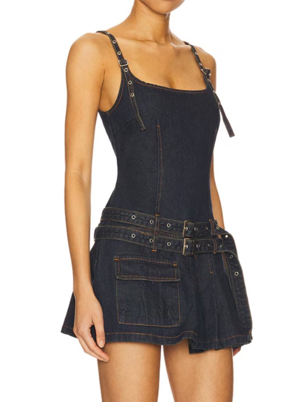 NEW LIONESS x REVOLVE Biker Mini Dress in Indigo Dark Blue Jean Denim Buckle XS - Picture 2 of 4